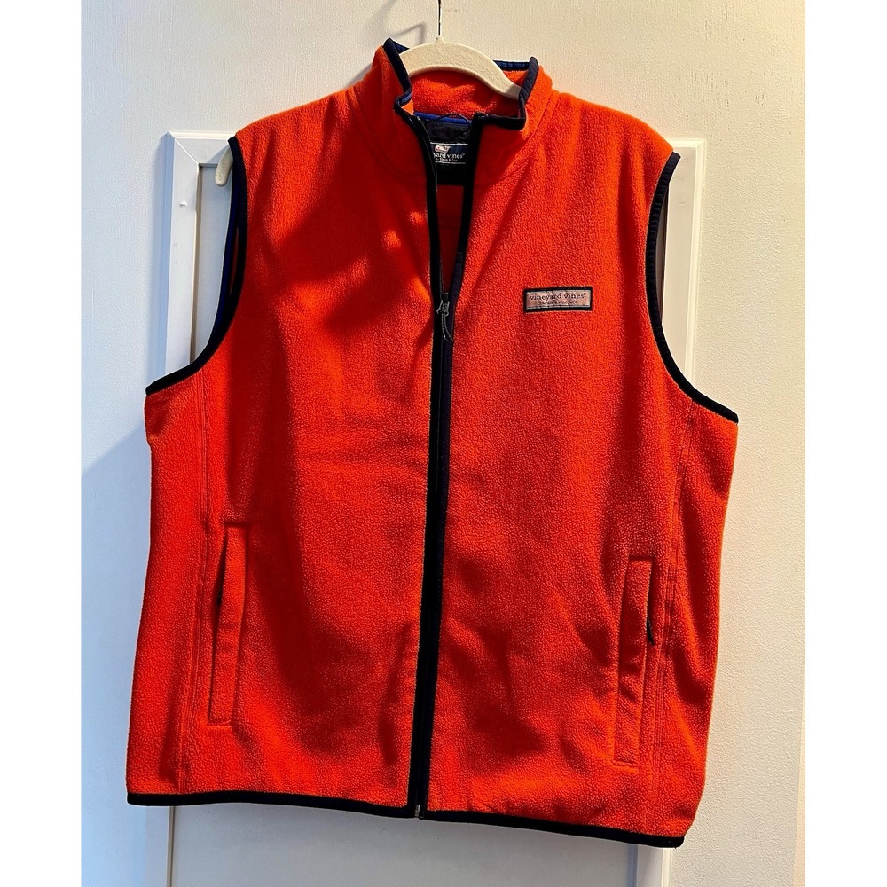 Vineyard Vines Mens M Orange Navy Full Zip Fleece Vest Outdoor Travel Martha's